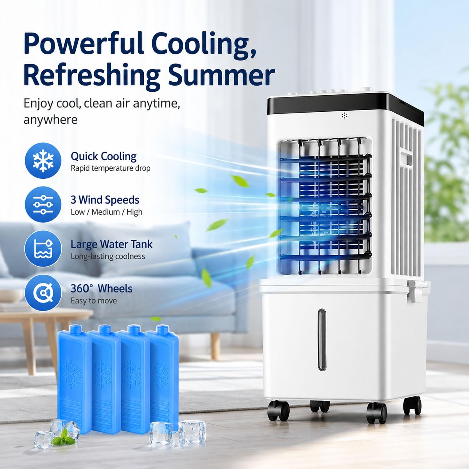 Enfriador de Aire Evaporativo 6L, Ventilador Climatizador Portátil con 4 Acumuladores de Frío, 3 Velocidades, Oscilación 120°, Silencioso para Hogar y Oficina