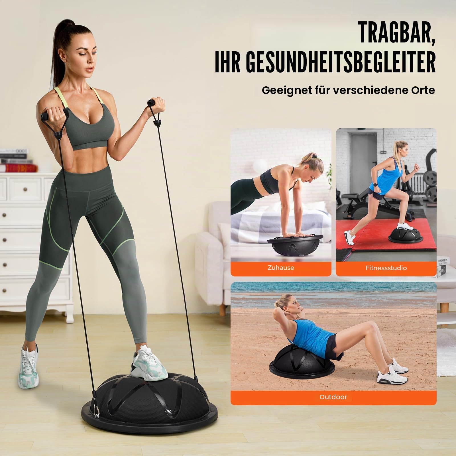 VEVOR Halb-Gymnastikball-Trainer, 58 cm Balance Ball Trainer, 300 kg, Yoga-Ball mit Widerstandsbändern und Pumpe, Kraft-Fitnessball für das Heim-Fitnessstudio, Ganzkörpertraining, Schwarz