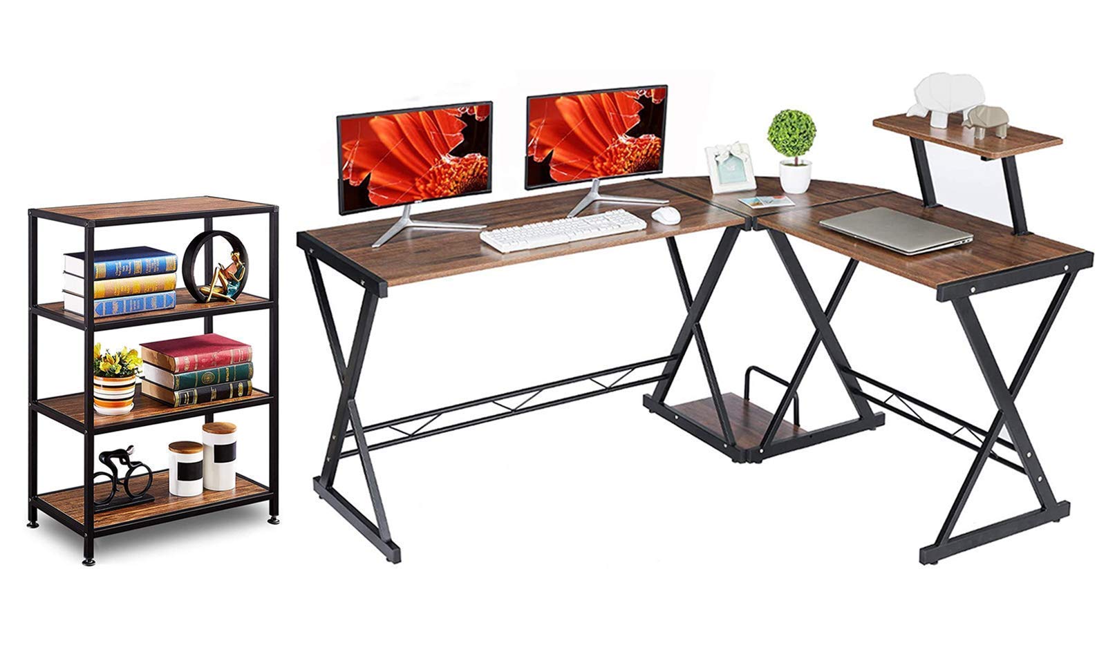 Buy GreenForest L Shaped Desk 58” and 4Tier Bookshelf Reversible Corner Computer Desk with