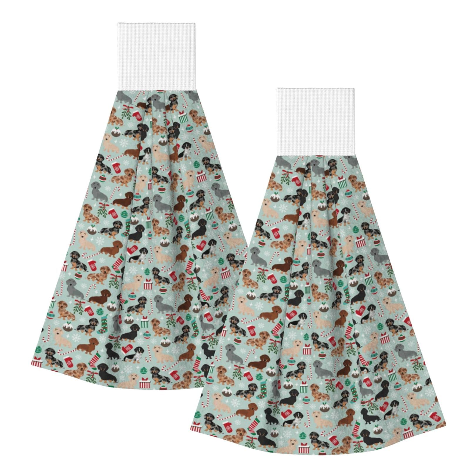 DOPKLNA Doxie Christmas Dachshunds Dog Xmas Holiday Dog, 2 Pcs Hanging Coral Fiber Hand Towels for Bathroom, Absorbent Kitchen Towels