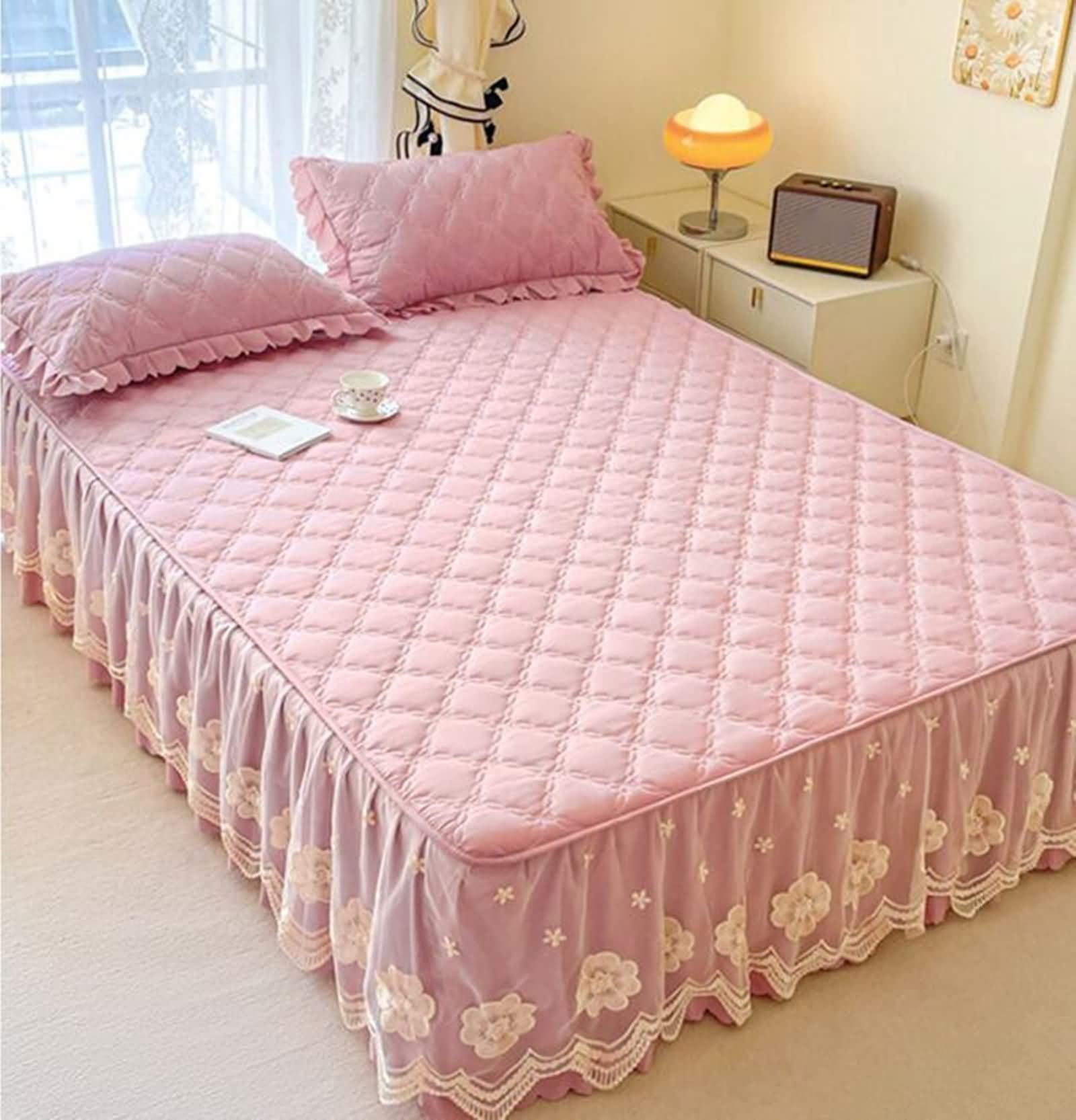 Drap Housse en Polyester Coton Élastique, Motif de Dentelle Brodée avec Couleur Unie, 150 x 200 CM, Rose Violet Clair