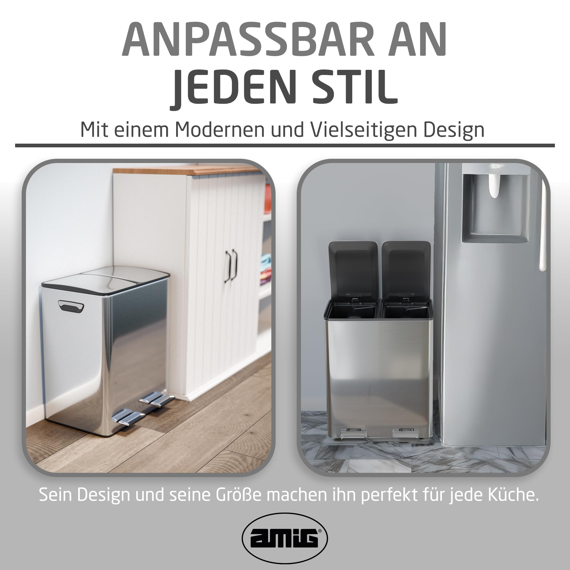 Amig - Doppelte Recycling-Mülleimer mit Pedalen Mod. RECIK EVO 40 L - 2 separate Behälter mit je 20 L - 2x20L - Edelstahl - 45 x 30 x 52 cm - Silber