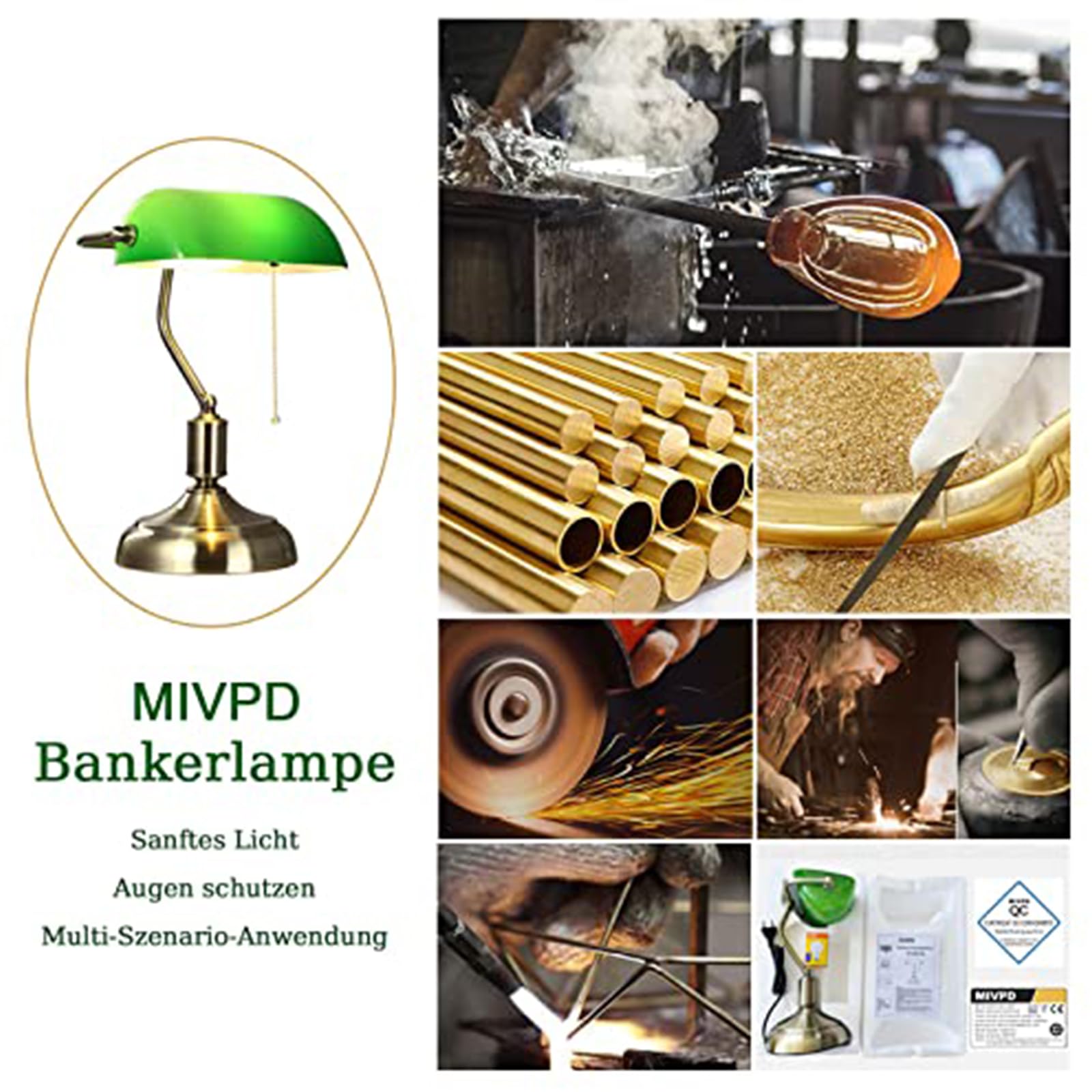 Traditionelle Bankerlampe, Schreibtischlampe, aus Metall, antik, mit Kette, Lampenschirm aus Glas, grün, Nachttischlampe für Schlafzimmer Messing Finish