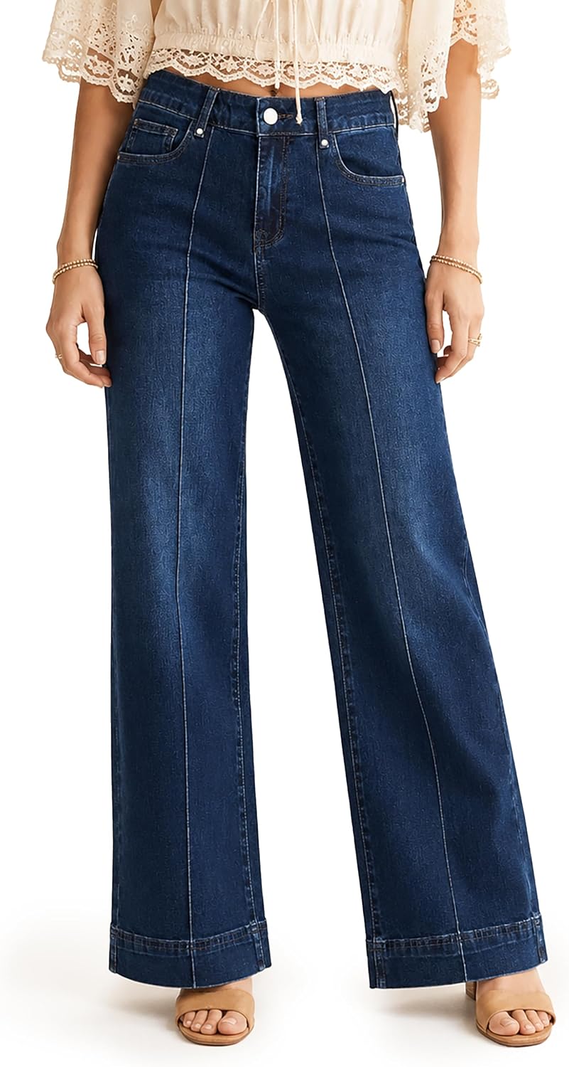 Women High Waisted Stretch Jeans Wide Leg Front Seam Denim Pants