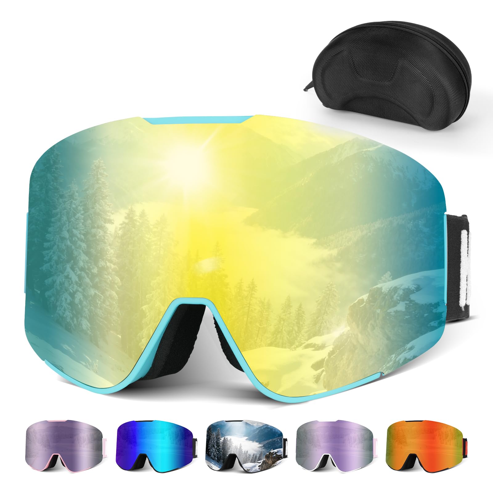 Hikeen Occhiali da Sci Fotocromatici, Effetto Iridescente, Antiappannamento con Protezione UV, con Rivestimento a 3 Strati per Sci e Snowboard, con Custodia, Unisex