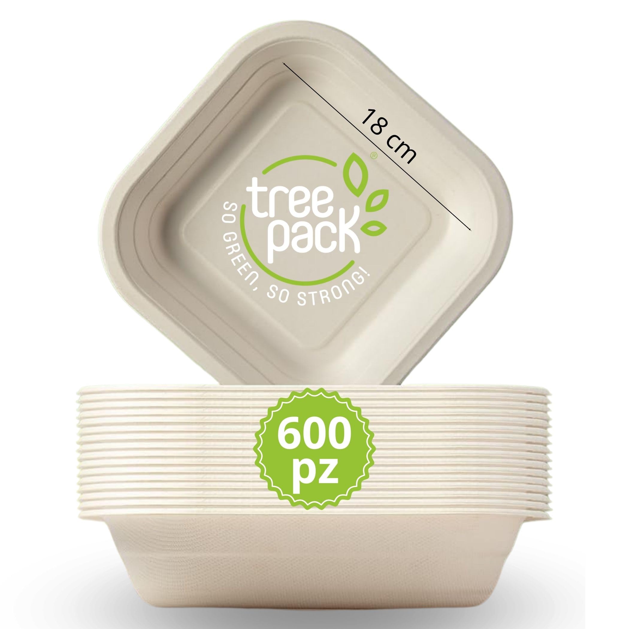 TREEPACK - Piatti usa e getta compostabili 600Pz, Piatti Monouso in Bamboo e Canna da Zucchero Capacità 530 ml, Piatti Biodegradabili per Microonde resistono da -18 °C a +200 °C. [18 x 18x 3,6 cm]