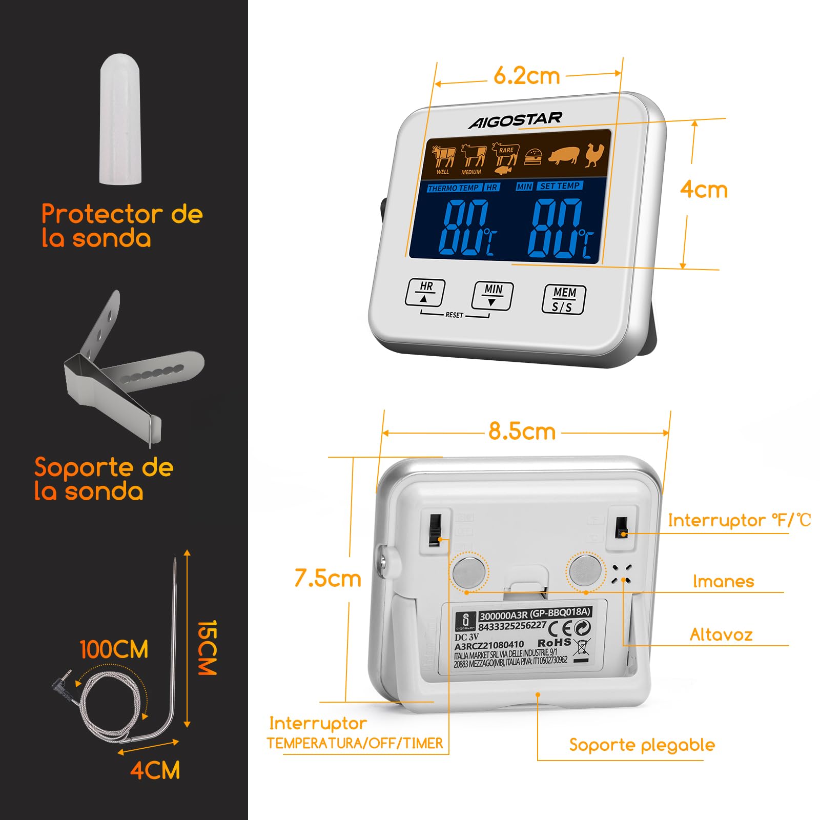 Aigostar Elliott - Termometro Cocina/Temporizador Cocina, Termómetro Digital de Cocina con Sonda y Temperatura Programable; Pantalla LCD, Objetivo con Alarma, Imanes de Fijación Para Horno.