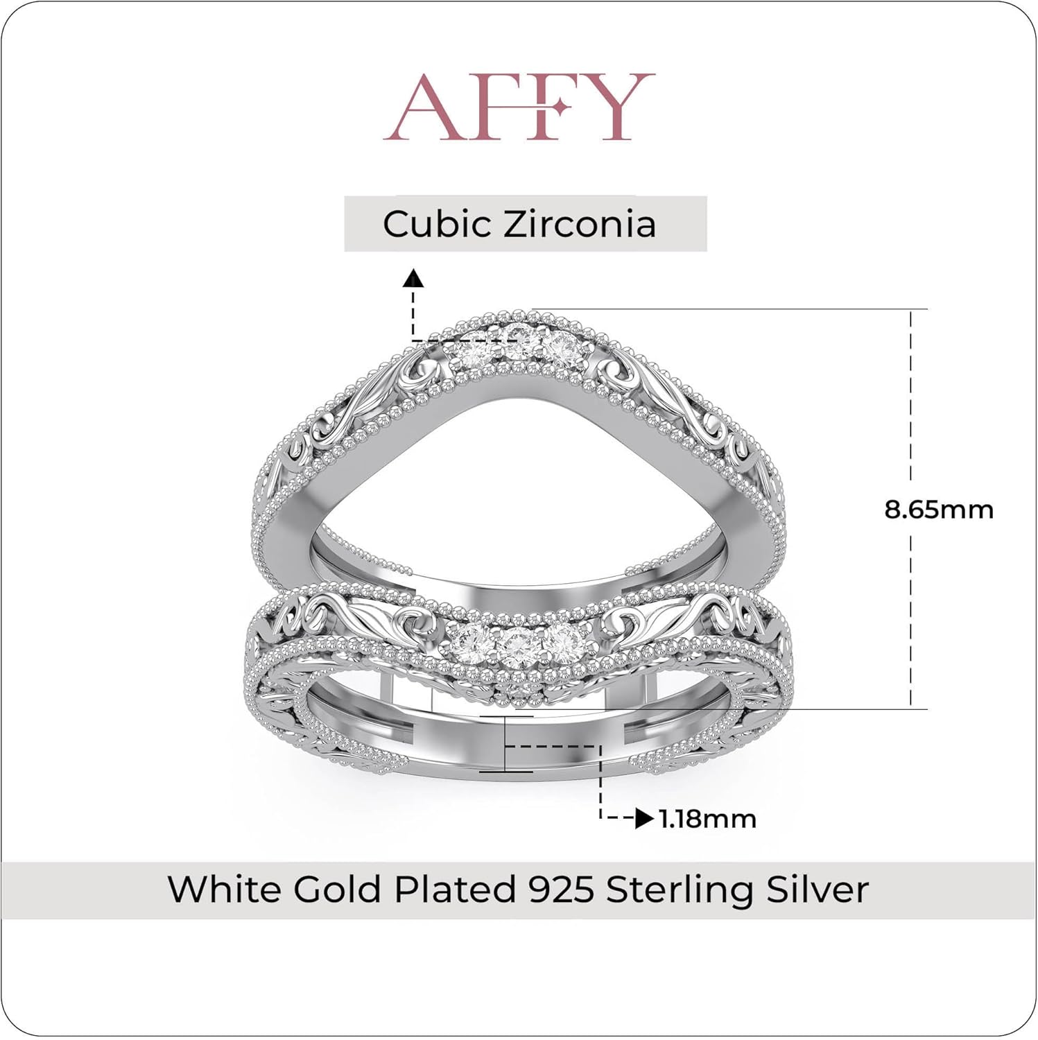 AFFY Enhancer Guard Ring for Women Round Cubic Zirconia Filigree Vintage Wedding Band Stackable Ring in 14k Gold Plated Sterling Silver Gifts for Women