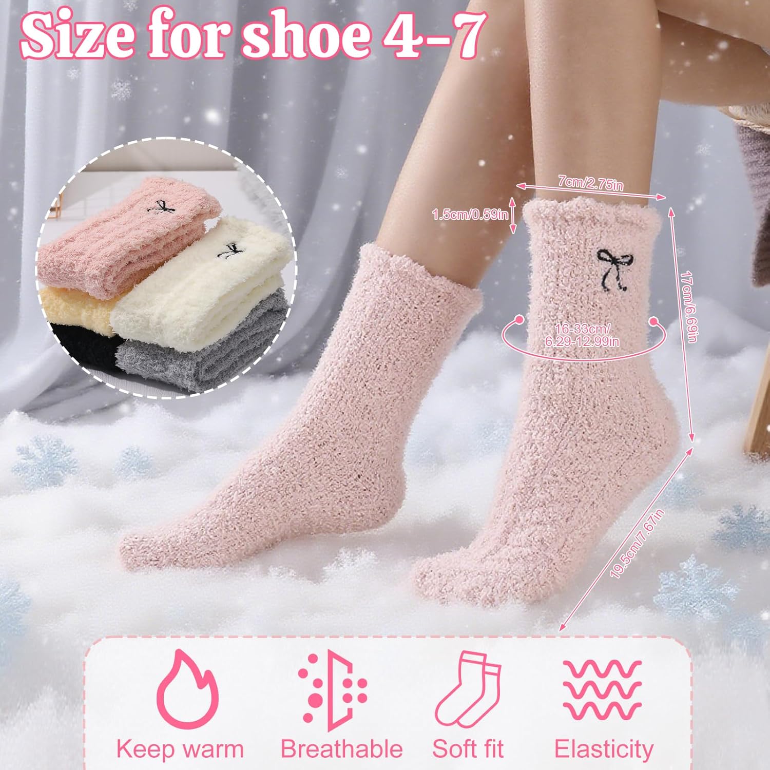 Jspupifip 5 Pairs Women Bow Fuzzy Socks Cozy Fluffy Winter Warm Slipper Socks Thermal Plush Home Sleeping Socks US Size 4-7 - Image 3