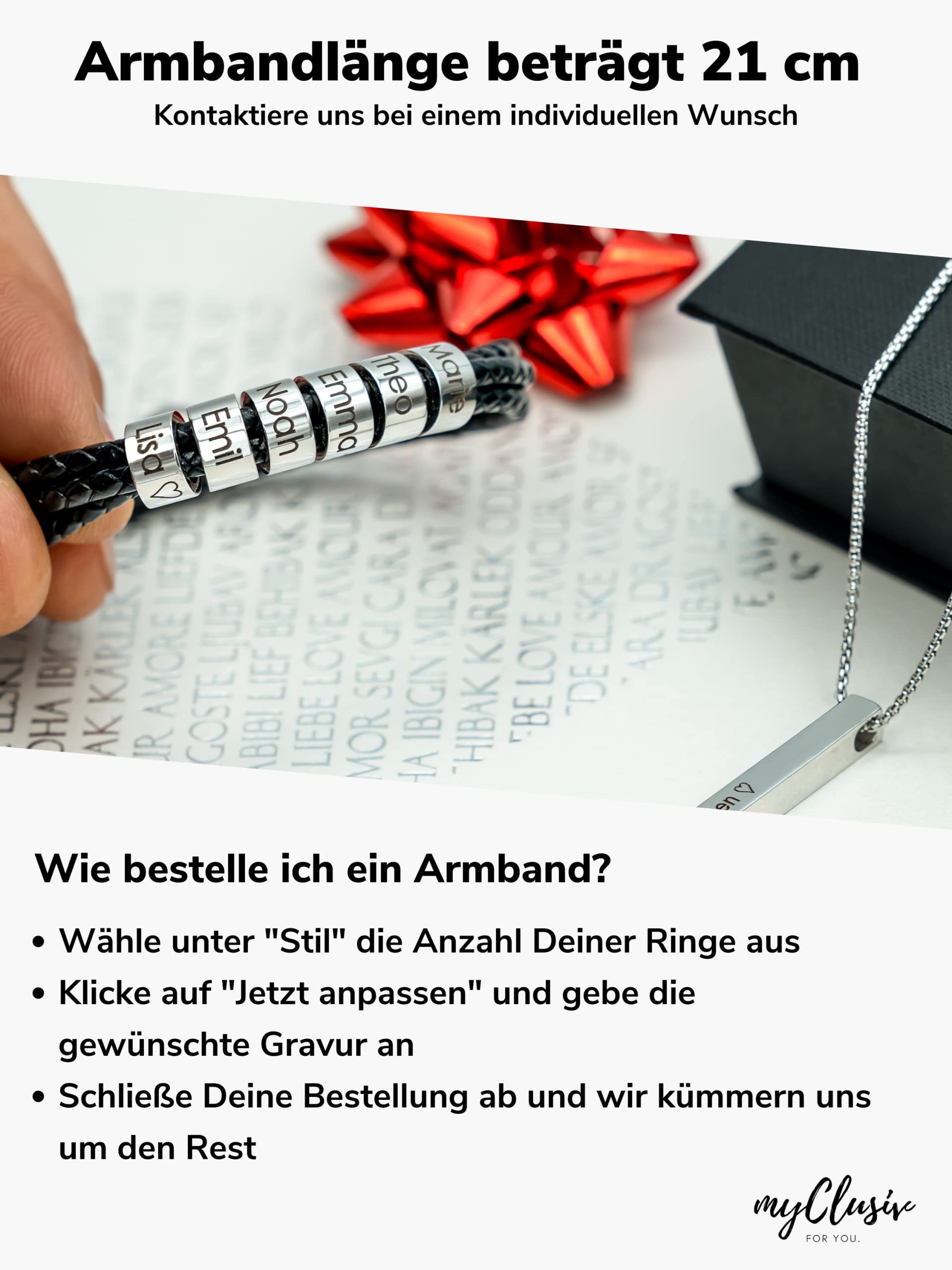 Personalisiertes Lederarmband Herren mit Namen auf Silbernen Ringen - Armband mit Gravur - Geschenk für Männer - Männerarmband - Geschenk Papa