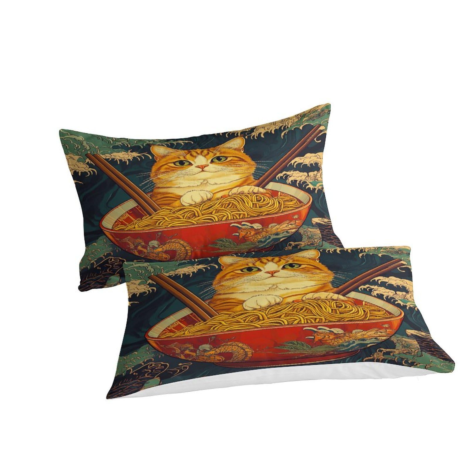 3D Drucken Bettwäsche Set Ginger Katze Ramen-Nudeln 3 Teilig Bettbezug Luxus Modern Mit Reißverschluss Für Geschenke Zimmer Deko Für Erwachsene Und Kinder King（220x240cm）