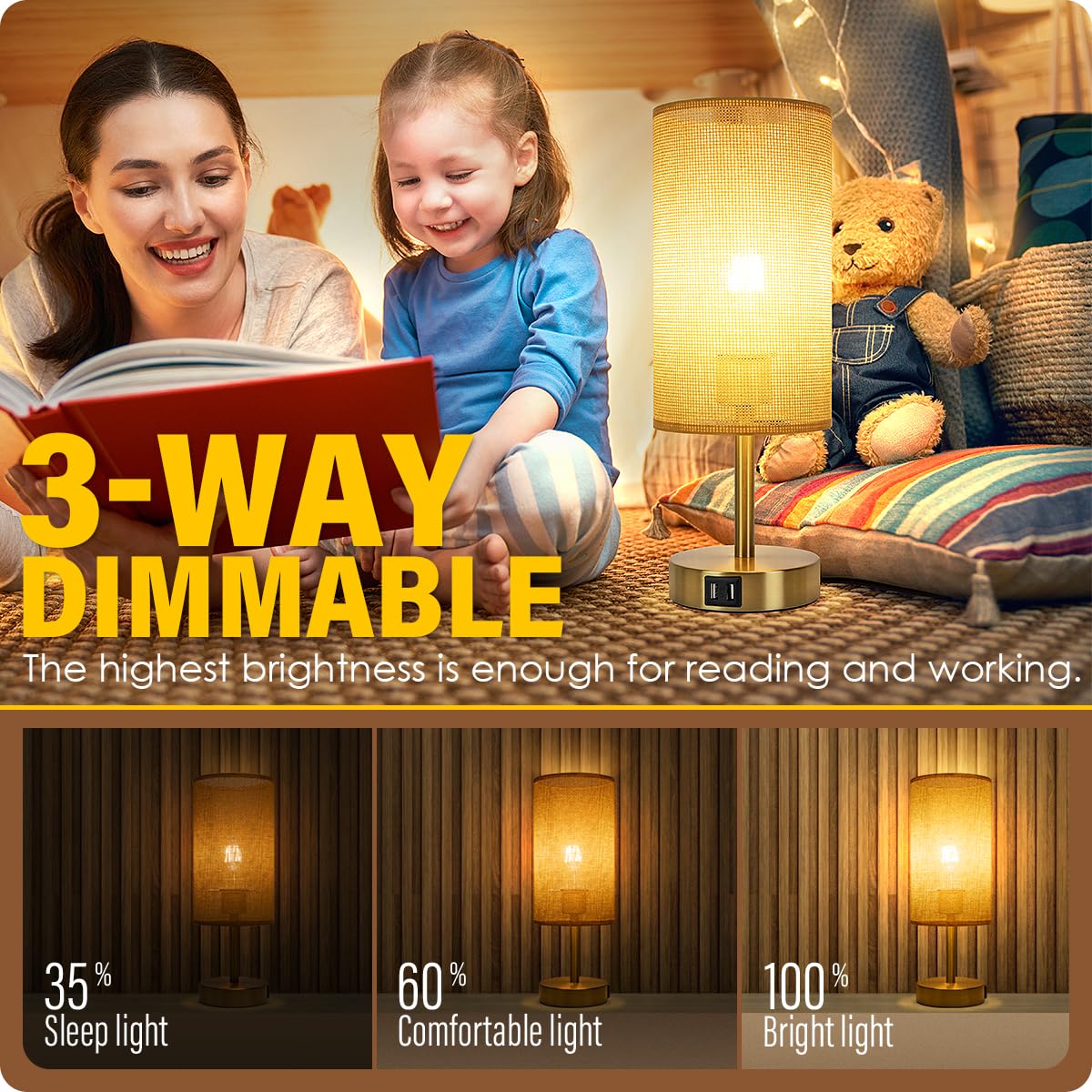 Yarra-Decor Lámpara de noche con puerto USB, lámpara de mesa de control táctil para dormitorio, lámpara de mesa de noche regulable de 3 vías con pantalla redonda de tela de lino para oficina en casa