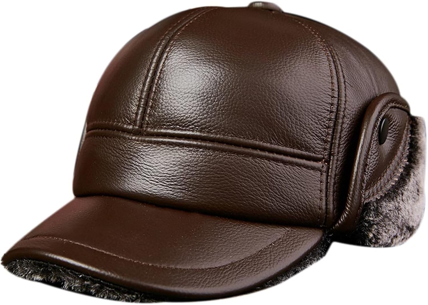 Men Leather Trapper Hat Trooper Winter Warm Hunting Hat Women Earflap Skiing Hat Cap Aviator Bomber Hats Baseball Cap (Brown-XL