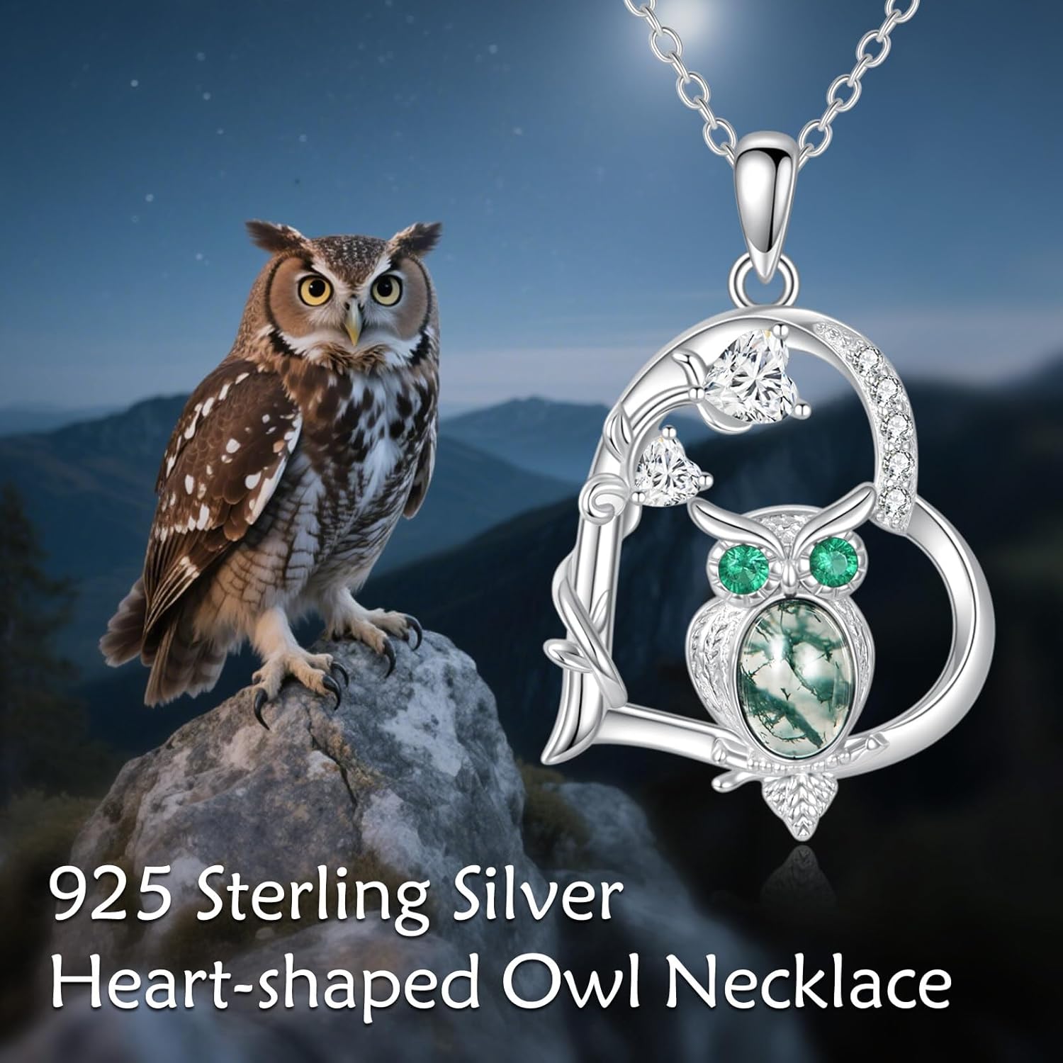 Moss Agate Owl Necklace for Women, 925 Sterling Silver Cubic Zirconia Heart Pendant Necklace Animal Jewelry Gift Anniversary Birthday for Wife Girlfriend Mom 18+2 Inch - Image 4
