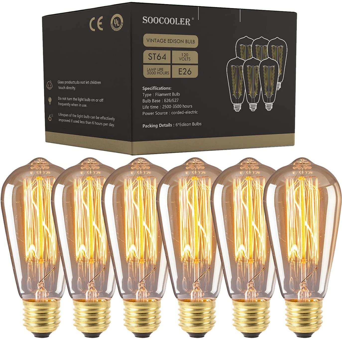 Edison Light Bulbs 25W - Thomas Edison Light Bulb Style - Incandescent Clear Glass Vintage Antique Bulb for Home Light Fixtures - Amber Warm 2700K - (