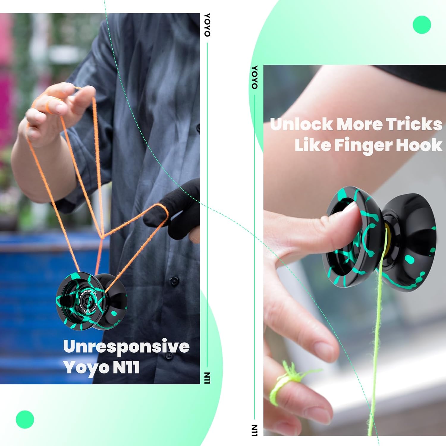 MAGICYOYO N11 Professional Unresponsive Yoyo for Advanced, Dual Mode Metal Trick Yo-Yo with Ressponsive Yoyo Bearing for Kids Beginner, Includes Yo yo Strings, Bearings Kit & Carry Bag (Black Green)