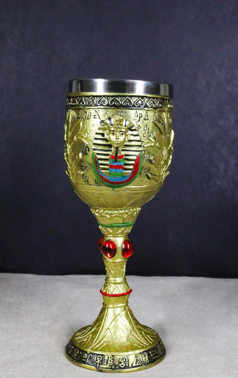 Ebros Gift Ancient Egyptian Pharaoh King Tut Resin Wine Goblet Chalice With Stainless Steel Liner King or Prince Of Egypt Tutankhamun In Golden Patina Decor For Party Prop Wine Tasting And Serving