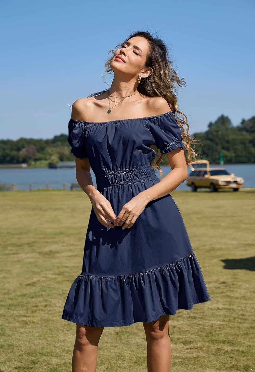 Alaster Queen Womens Summer Dresses 2025 with Pockets Casual Puff Sleeve Square Neck A Line Off The Shoulder Dress - Image 5