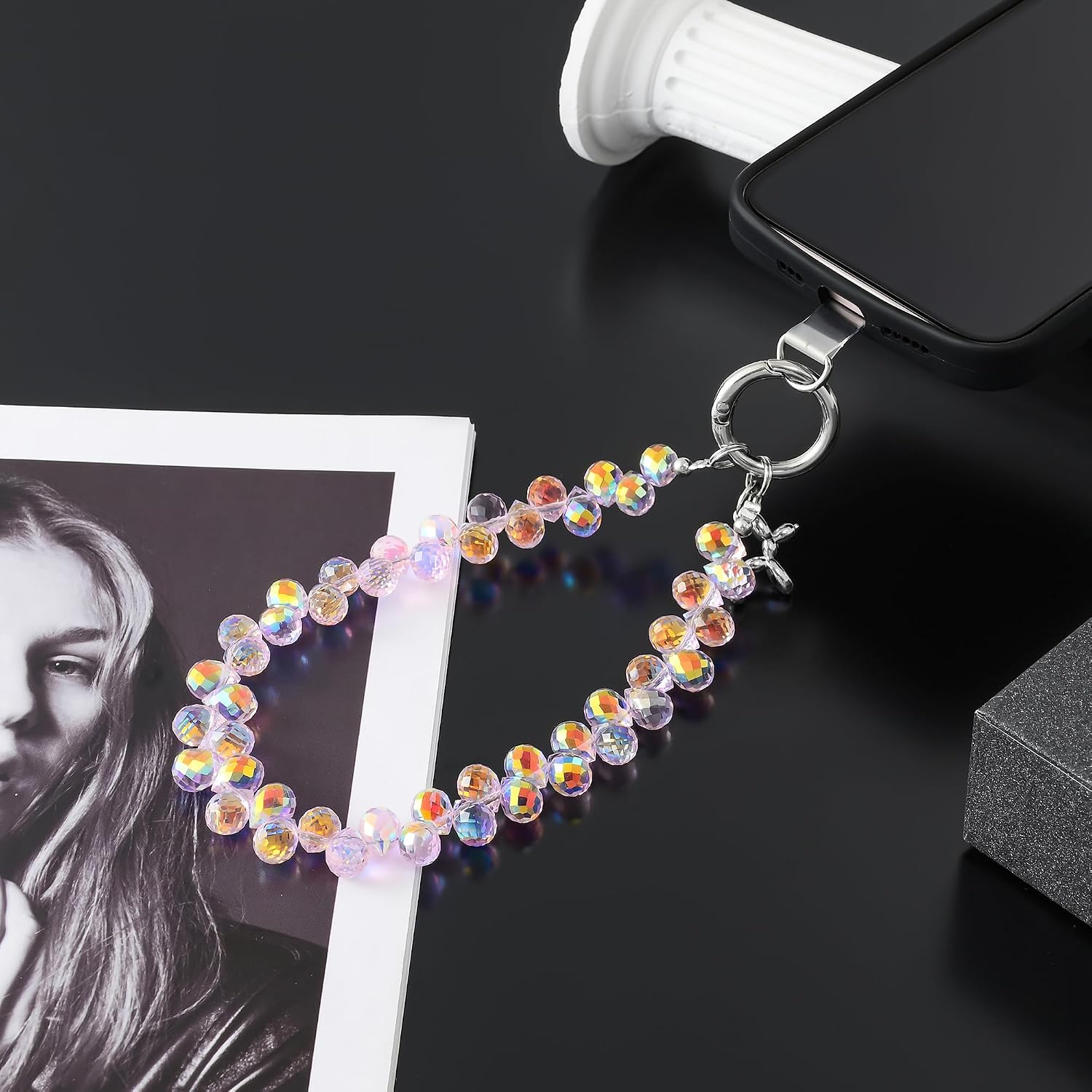 richginker Sparkling Beaded Phone Wrist Strap with Box, D-Pink AB image 3