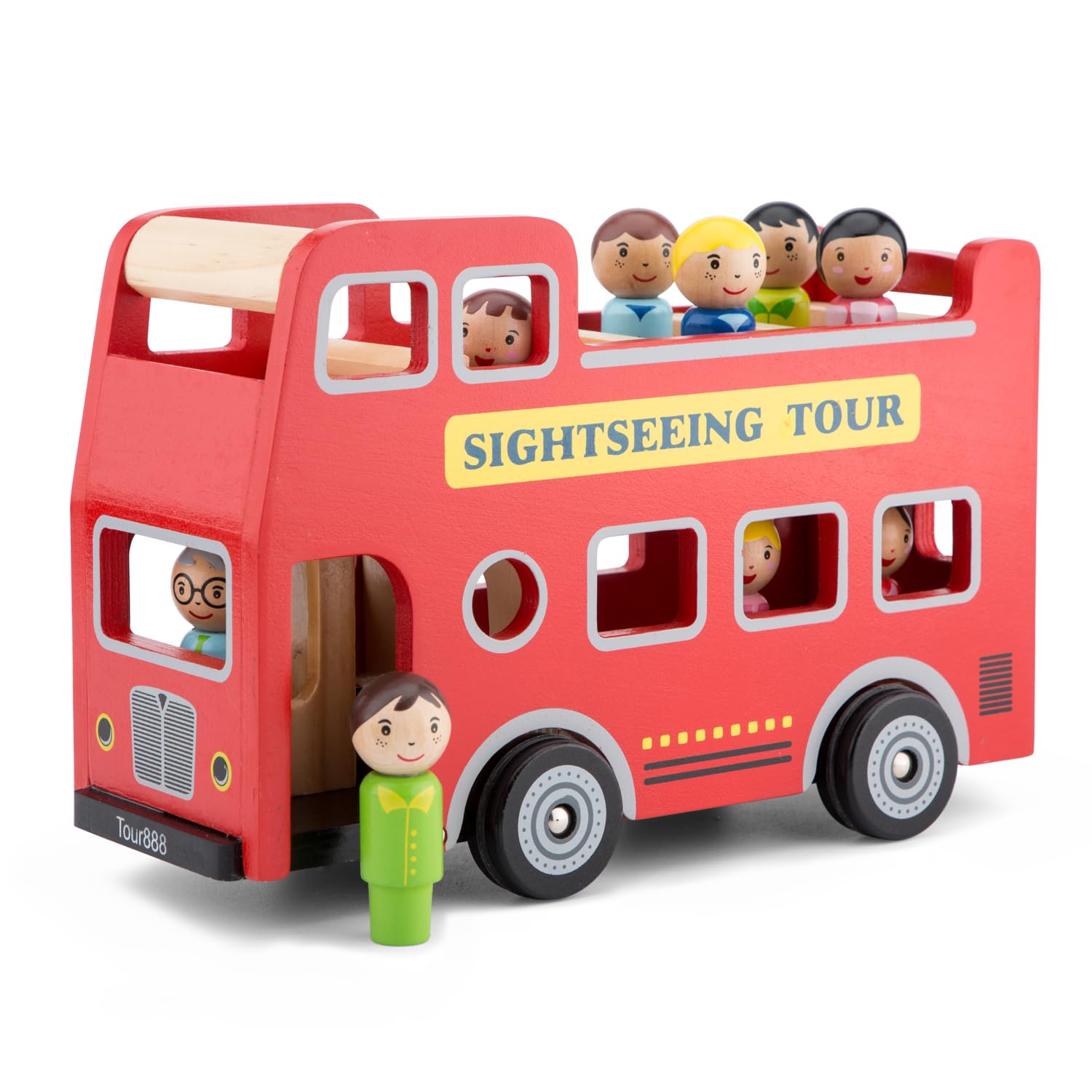 Woet® Wooden City Tour Bus Toy for Kids Age 2+ – Red Double Decker with 9 Play Figures – Pretend Play Transport Vehicle – Toddler Gift for Boys and Girls