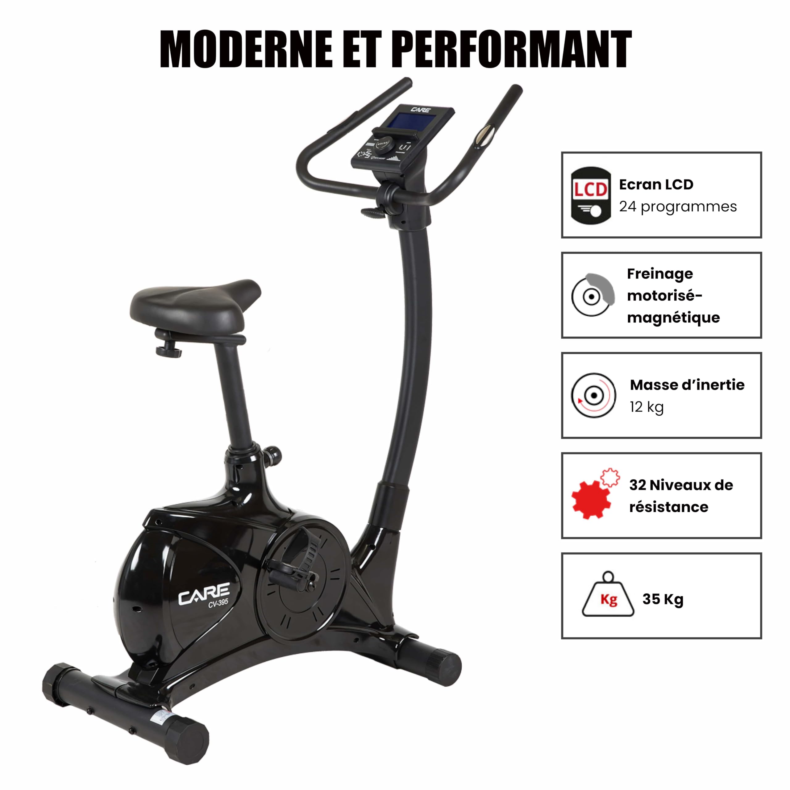 Care Fitness - Vélo d'Appartement Motorisé CV-395 - Vélo Droit 24 Programmes d'Entraînement - Masse d'Inertie 12kg - Résistances Magnétique Motorisée - Connectivité Application Mobile/Kinomap