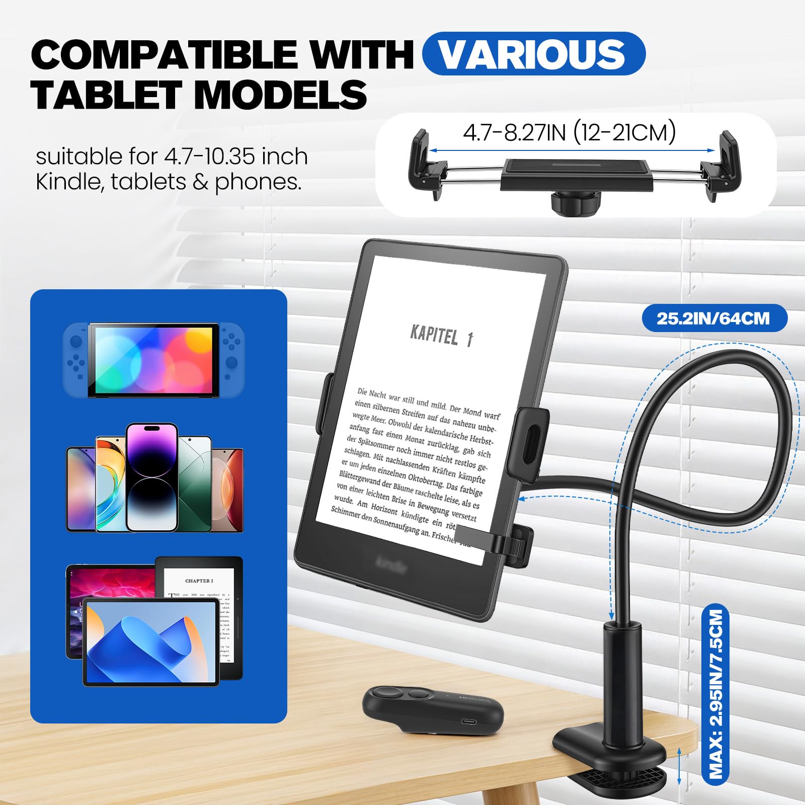 Support col de cygne pour Kindle avec télécommande RF, socle à 360° dans le lit et le canapé, avec Page Turner, accessoires pour liseuse Kindle de 4,7 à 10,35"