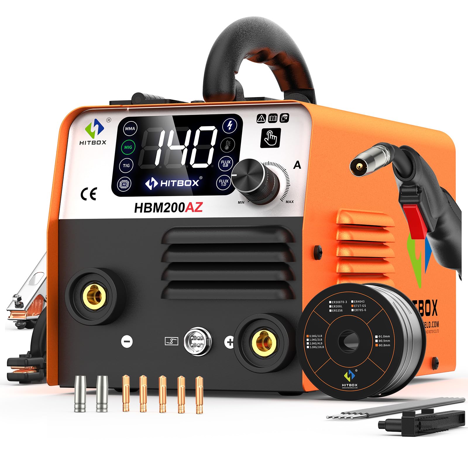 HITBOX MIG Welder 140A 230V 4 in 1 Portable Gas Free with IGBT Inverter, LED Display and 0.8mm Thread, Compatible with Lift TIG and ARC, Ideal for Carbon Steel and DIY (HBM200AZ)