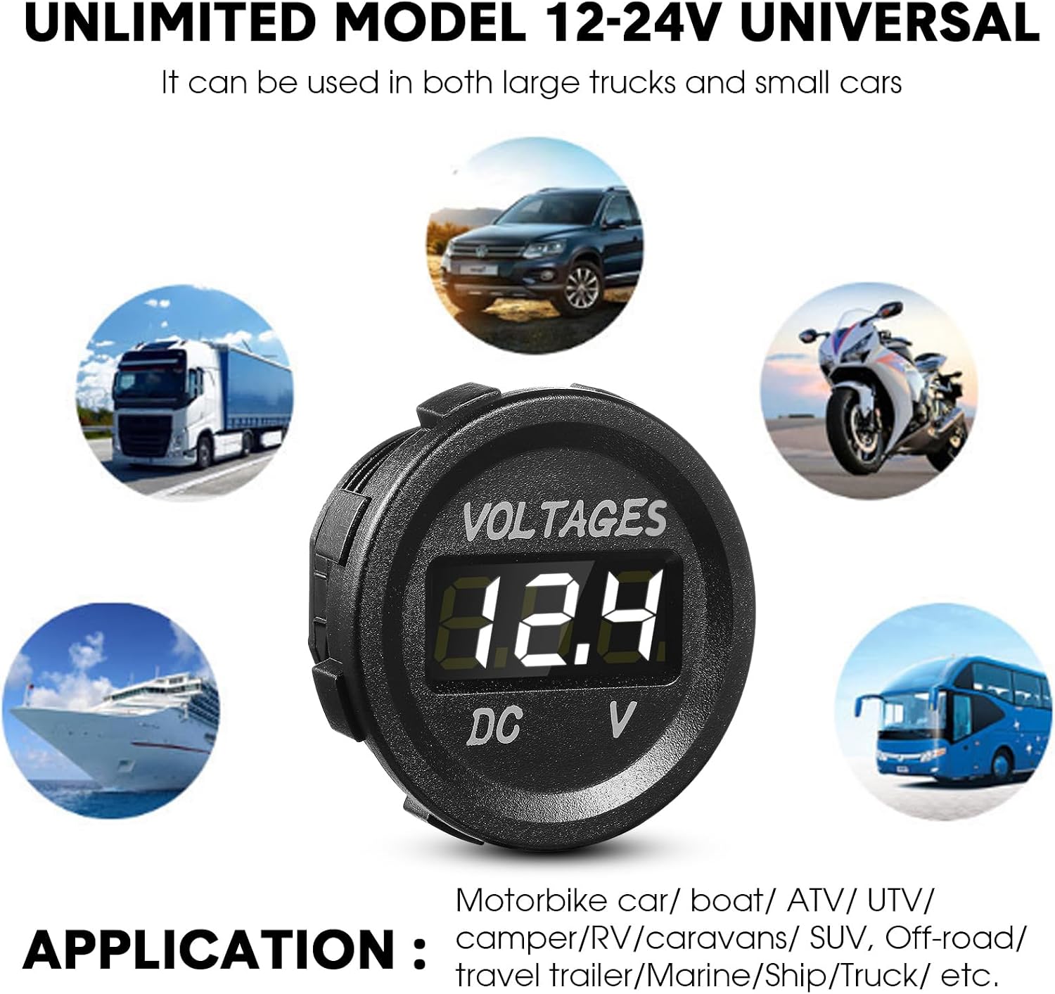 BBTO 2 Pieces DC 12V Car Voltage Gauge LED Display Waterproof Voltmeter Digital Round Panel Voltmeter Compatible with Vehicle Motorcycle Truck Camper ATV UTV Car Boat Marine (White Digital)