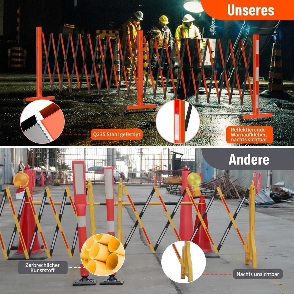 Ausziehbare Metall Absperrung 2.7m, Faltbares Sicherheitsgitter Aus Stahl Mit Rollen, Mobile Scherengitter Absperrbarriere Für Industrie, Lager, Baustelle Und Außenbereich, Schwarz Orange