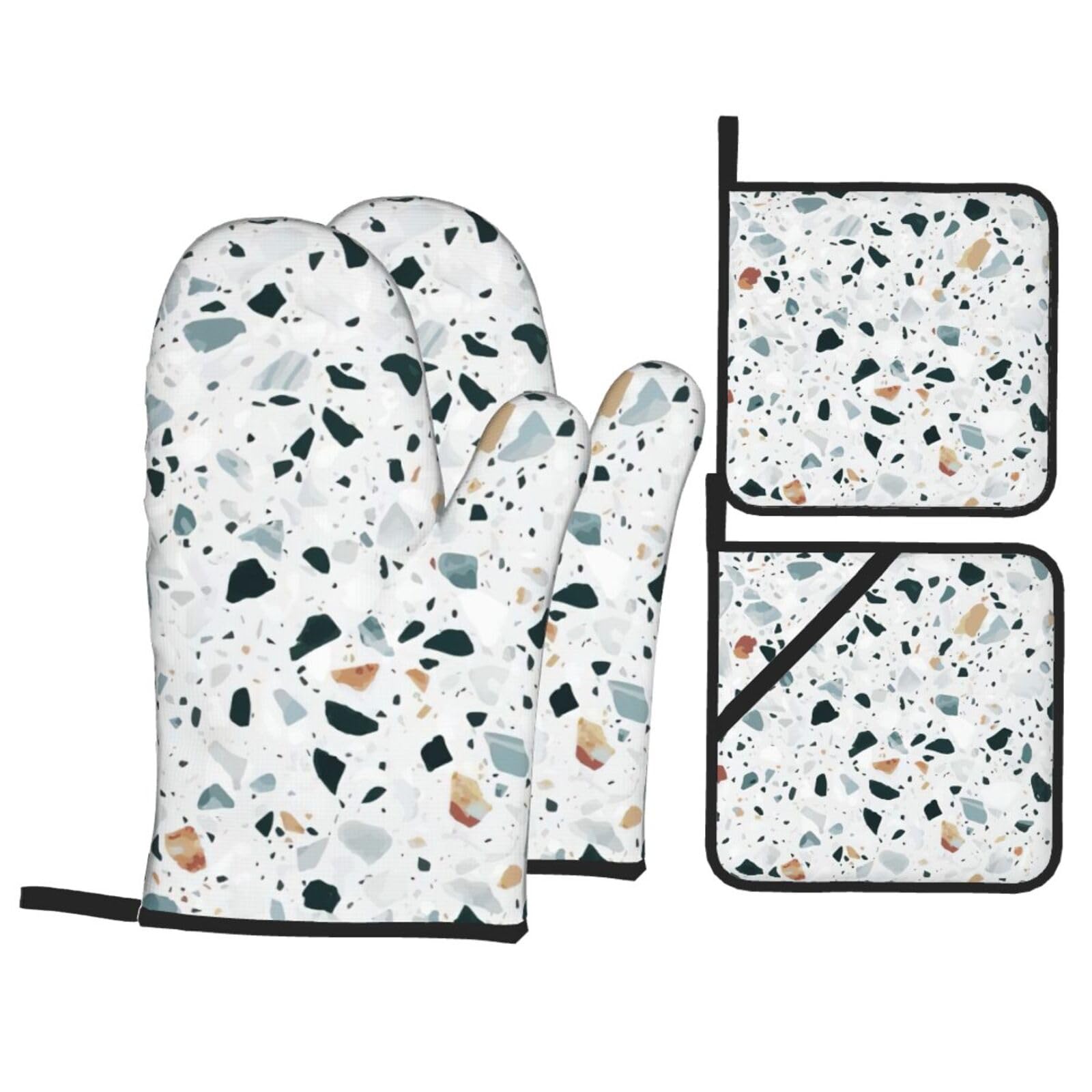 Terrazzo Marble Pastel Print 4-Piece Oven Microwaving Set Waterproof Kitchen Gloves for Baking Grilling Cooking