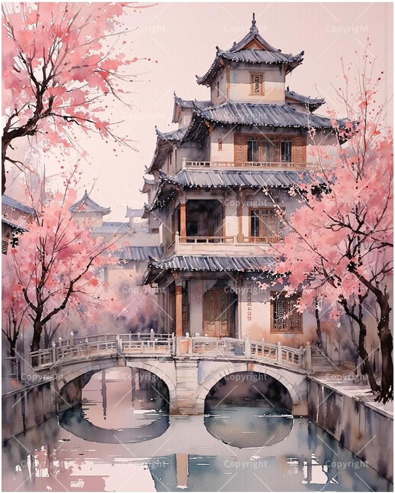Watercolor Cherry Blossom Paint by Numbers Kit for Adults - DIY Japanese Mansion Painting on Canvas, Acrylic Paint Set, Suitable for Beginners, Art for Home Decoration or Gifts(16X20IN Framed)