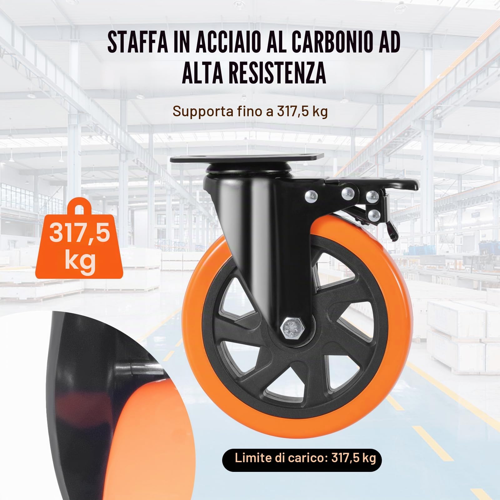 VEVOR Ruote Girevoli Set di 4 Rotelle per Mobili Industriali Ruote Silenziose in PVC Diametro da 152,4mm con Freno di Bloccaggio A/B Capacità Carico 318kg per Rotella per Carrelli da Banco da Lavoro