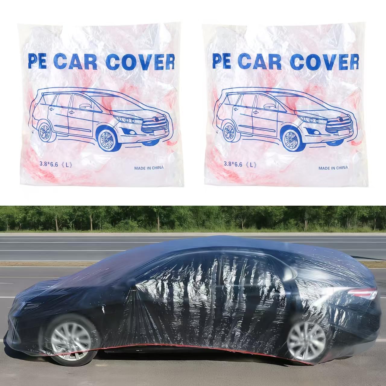 2 Pack Disposable Car Cover Clear Plastic Car Cover Universal Rain Dust Garage Cover with Elastic Band Medium