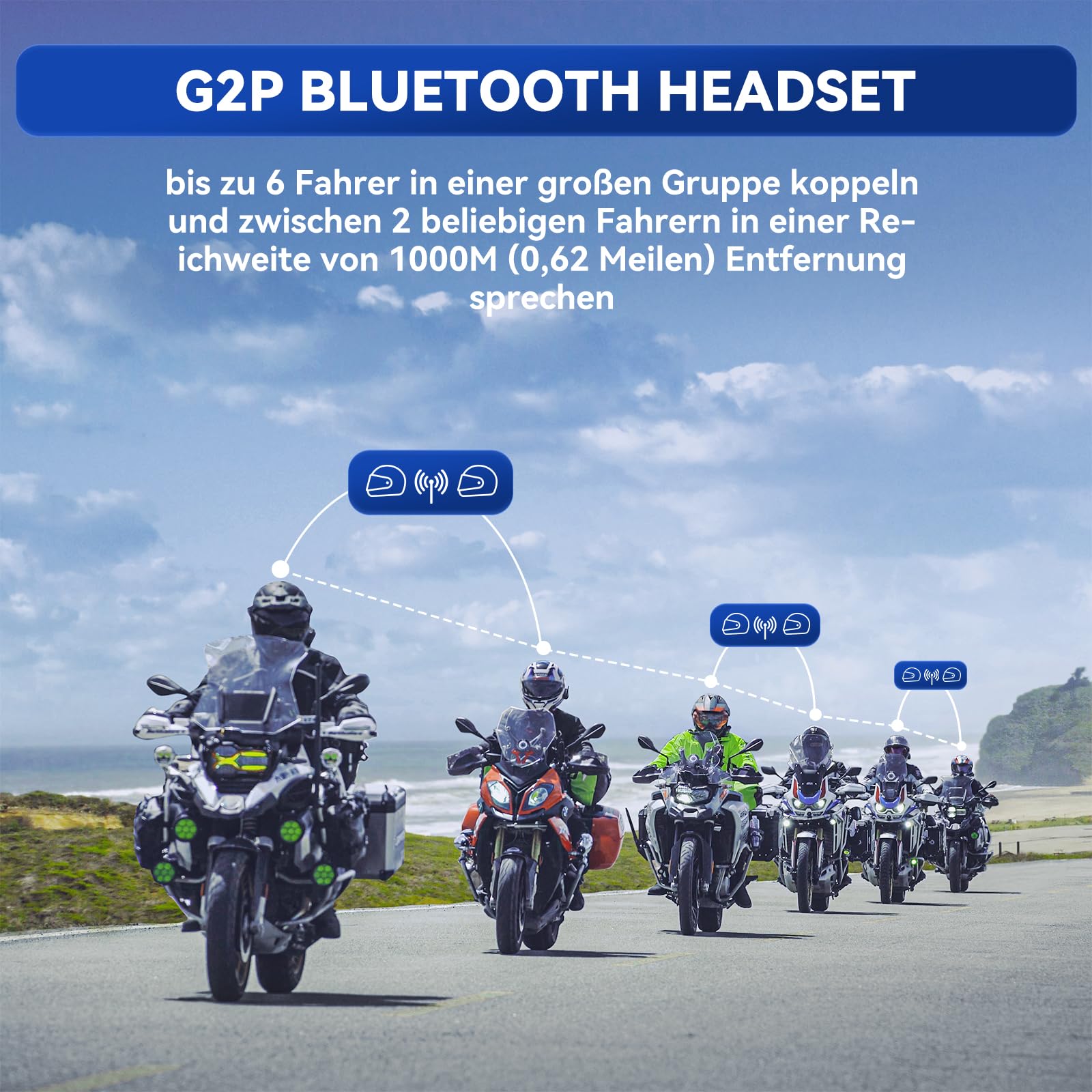 LEXIN G2P Motorrad Bluetooth Headset, Helm Kommunikationssystem für 2 bis zu 6 Personen in Reichweite von 1000m, IP67 Wasserdicht Freisprecheinrichtung mit FM Radio, Einzelpack
