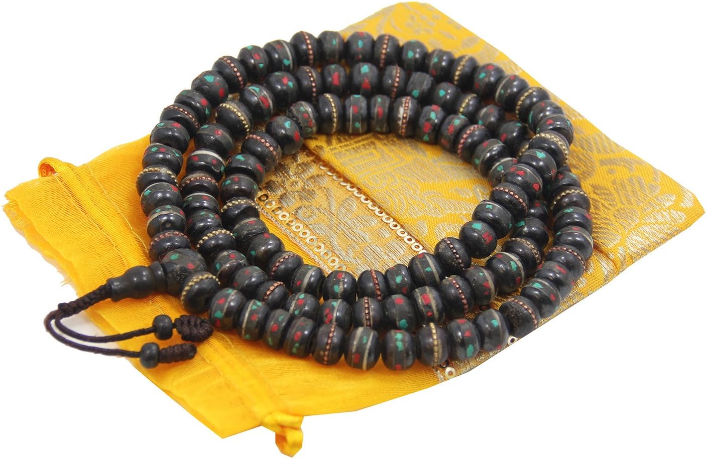 DharmaObjects Tibetan Yogi Dark Bone Inlaid Turquoise and Coral 108 Beads Adjustable Mala