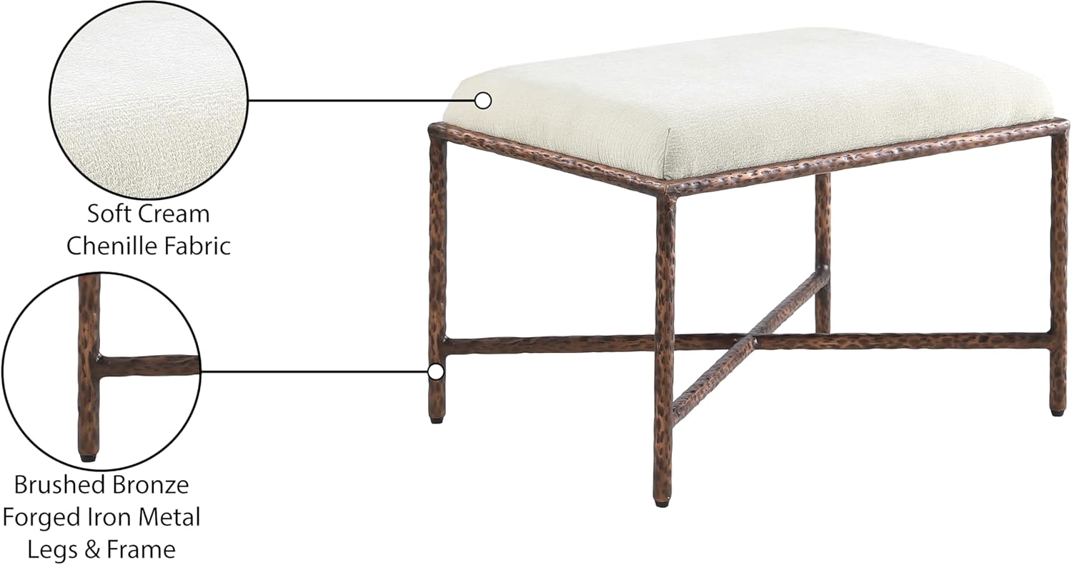 Meridian Furniture 22063Cream Valley Collection Modern | Contemporary Bench with Soft Cream Chenille Fabric, Brushed Bronze Forged Iron Metal Legs and Frame, 25" W x 18" D x 18" H, Cream