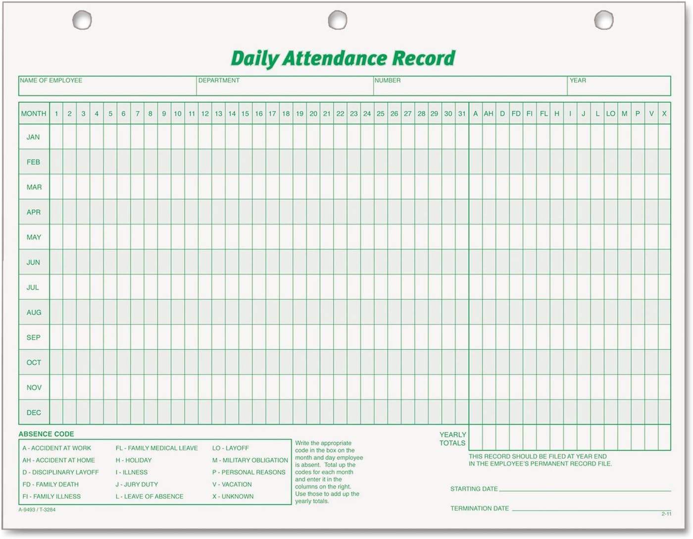 TOPS Daily Attendance Record, Loose-Leaf Style, 8.5 x 11 Inches, 50 Forms per Pack (3284)
