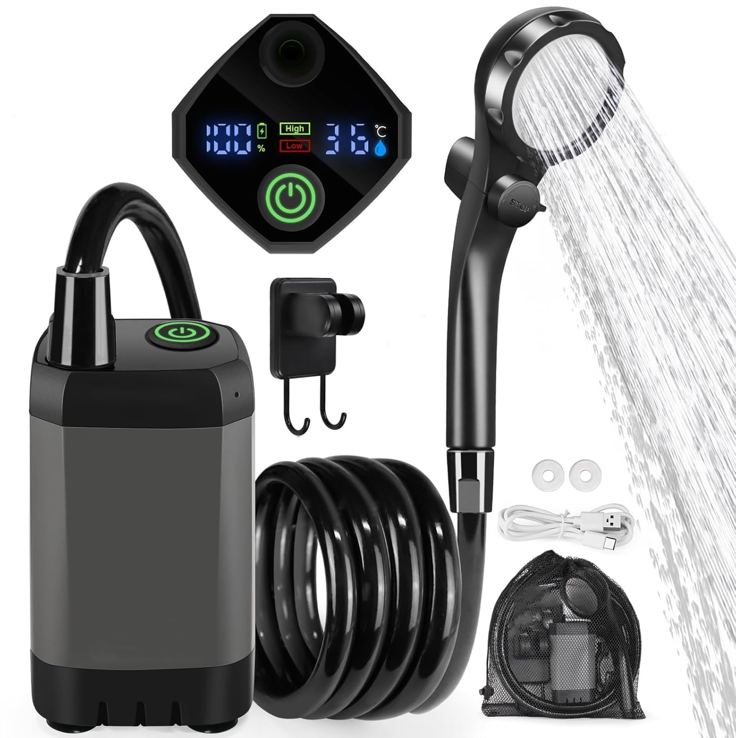 BRAVECOW Portable Camping Shower 6000mAh Rechargeable Electric Digital Display Shower Pump Outdoor Washing Cleaning Watering Accessories Camping Hiking