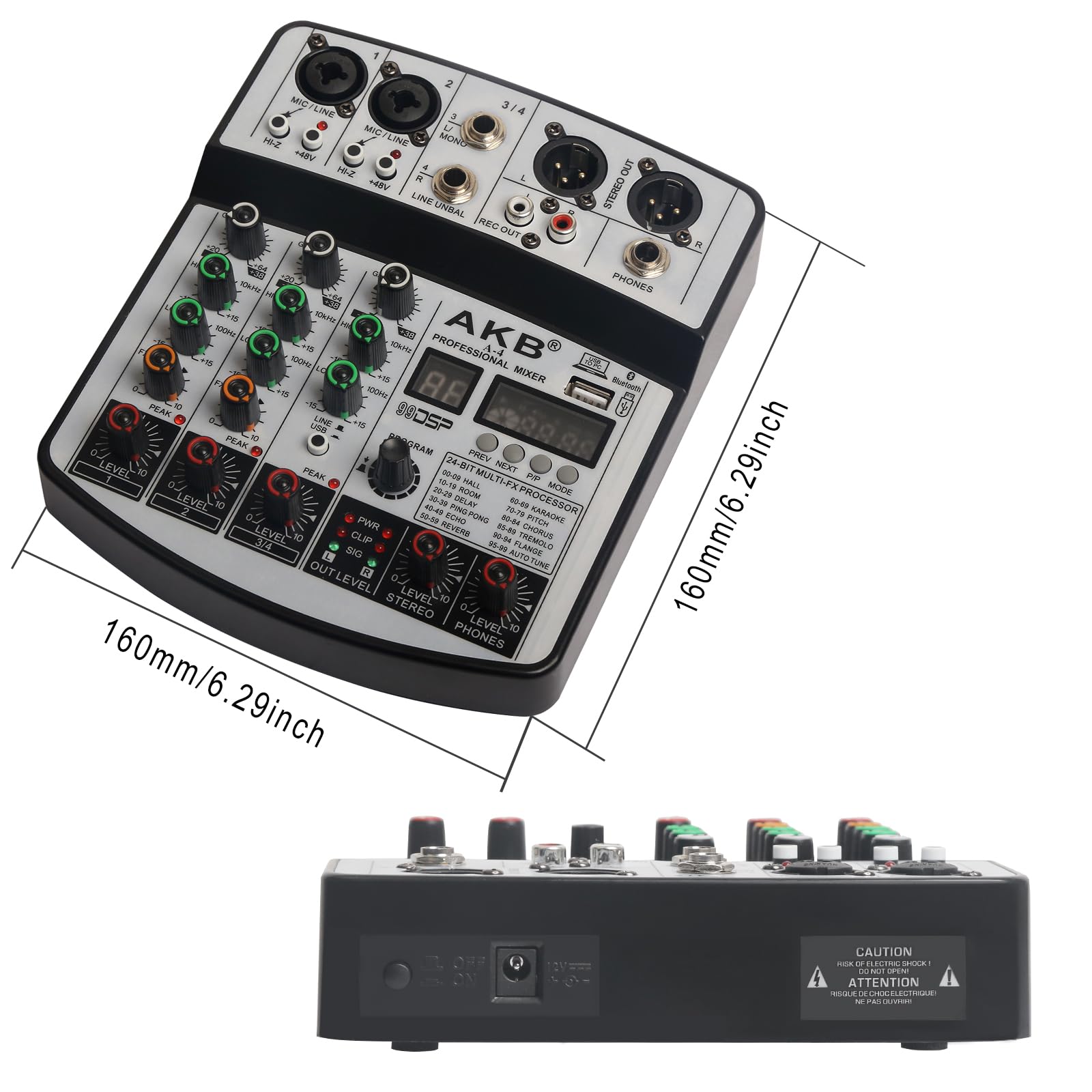 Mixer DJ a 4 canali audio mixer scheda audio con Bluetooth, interfaccia audio USB con 48 V Phantom Power Sounds Mixer Board con 99 DSP FX Riverbero Delay Effect