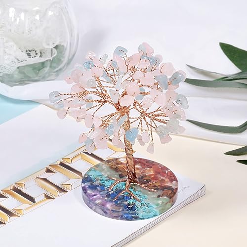 Miniatura 3 de rockcloud Árbol de dinero de alambre de cobre de cristal de cuarzo rosa y aguamarina con base redonda de resina colorida, árbol de piedra bonsái