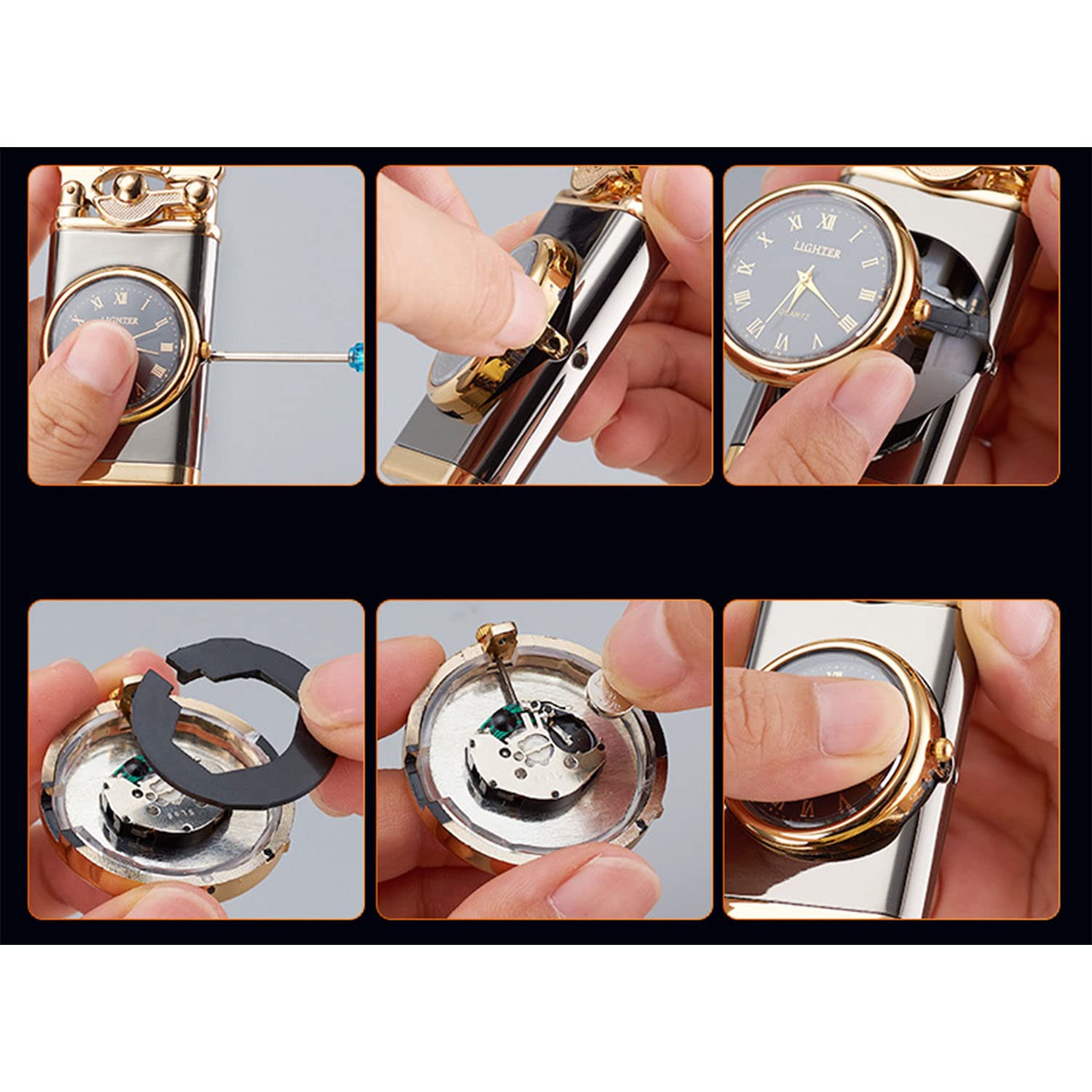 Reloj con Brazo Basculante Metal Reutilizable a Prueba de Viento Trinchera Encendedor Jet Butano Antorcha Más Ligero Cigarro Mechero Gadgets para Hombres Papá Marido,Black
