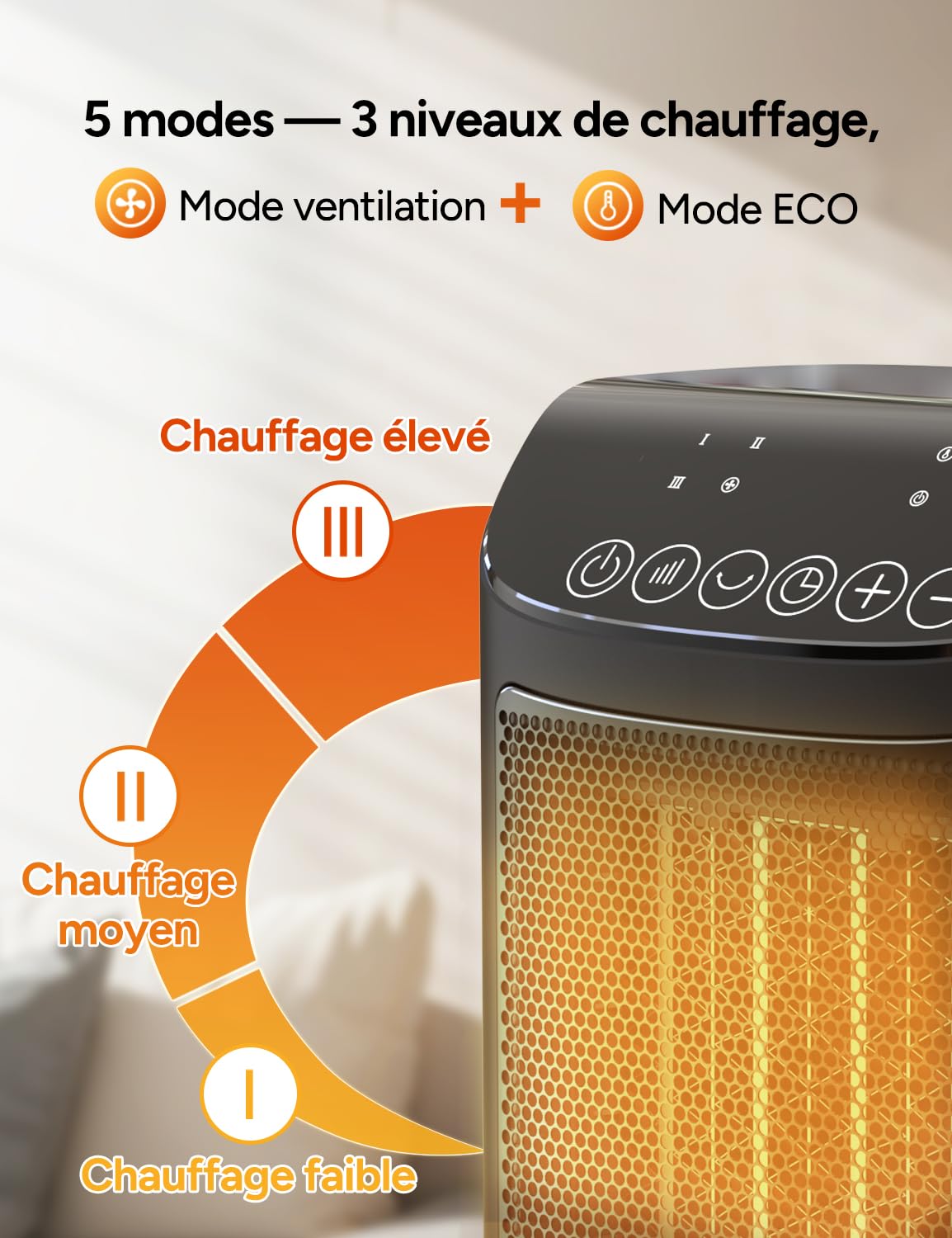 DR.PREPARE Chauffage d'appoint, 1800W PTC Chauffage Soufflant Économique avec Thermostat, Mode Éco, 3 Modes Chauffants, Minuterie 12H, Protection de Sécurité, Silencieux Chauffage Portable Electrique