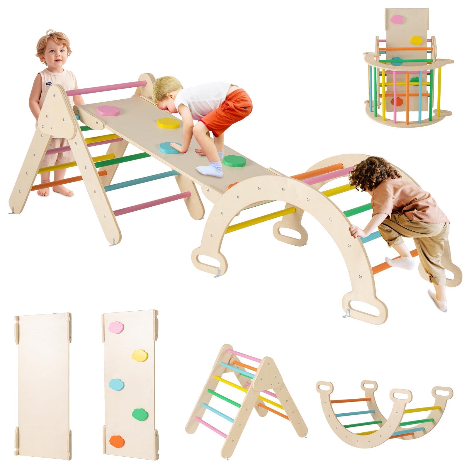 RELAX4LIFE 4 in 1 Triangolo da Arrampicata con Scivolo per Bambini, Arco da Arrampicata e Scala per Arrampicarsi in Legno, Montessori Giocattoli Bimbi 2 3 4 5 Anni