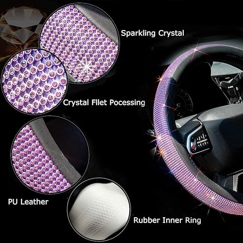 Miniatura 6 de ChuLian Funda para volante de piel con diamantes de imitación brillantes, ajuste universal de 15 pulgadas, protector de volante de automóvil para
