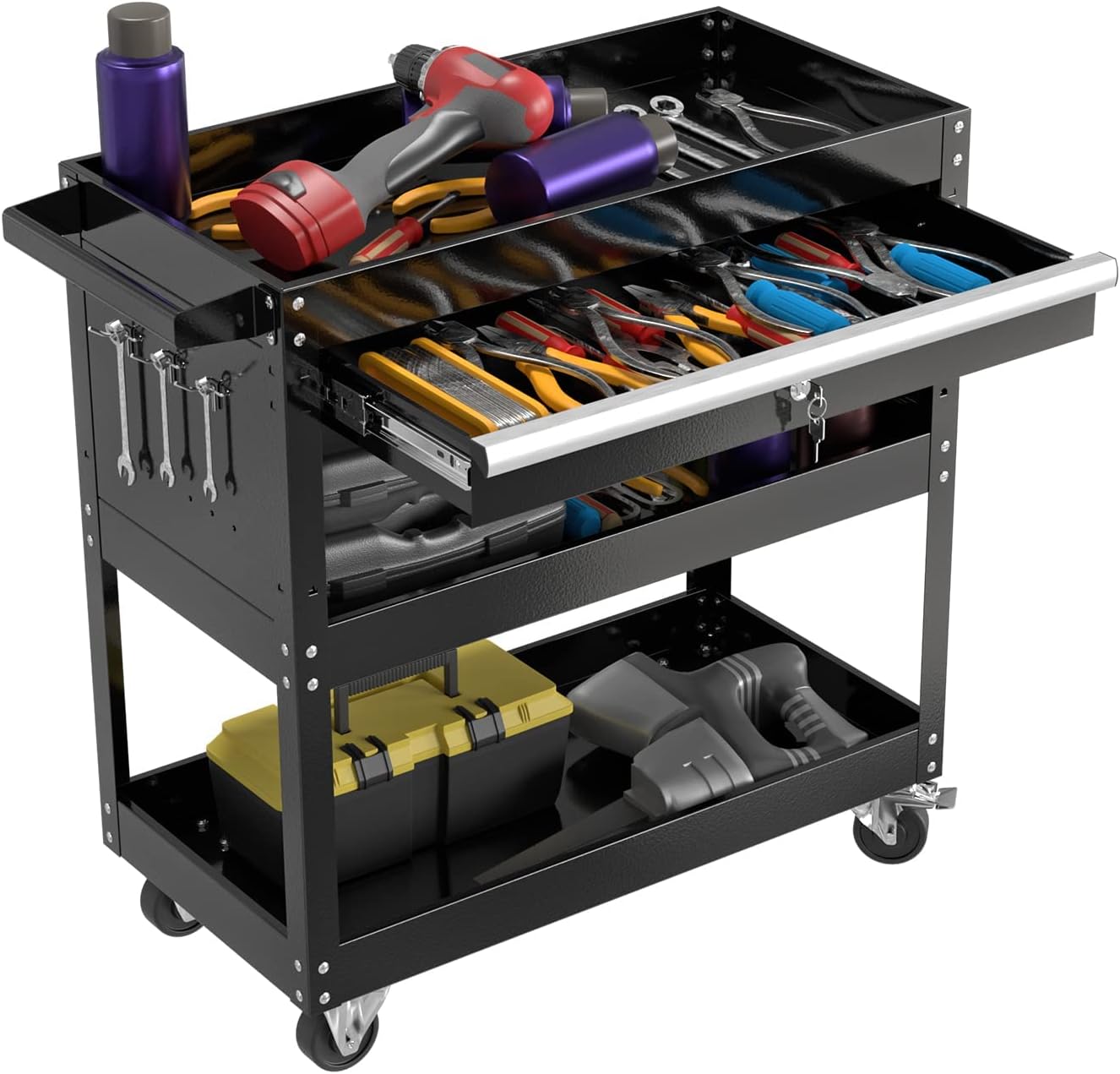 3-Tray Rolling Tool Cart on Wheels, Tool Box with Wheels and Drawers, 300 LBS Utility Storage Cart, Mechanic Cart for Garage, Warehouse, Repair Shop,Black