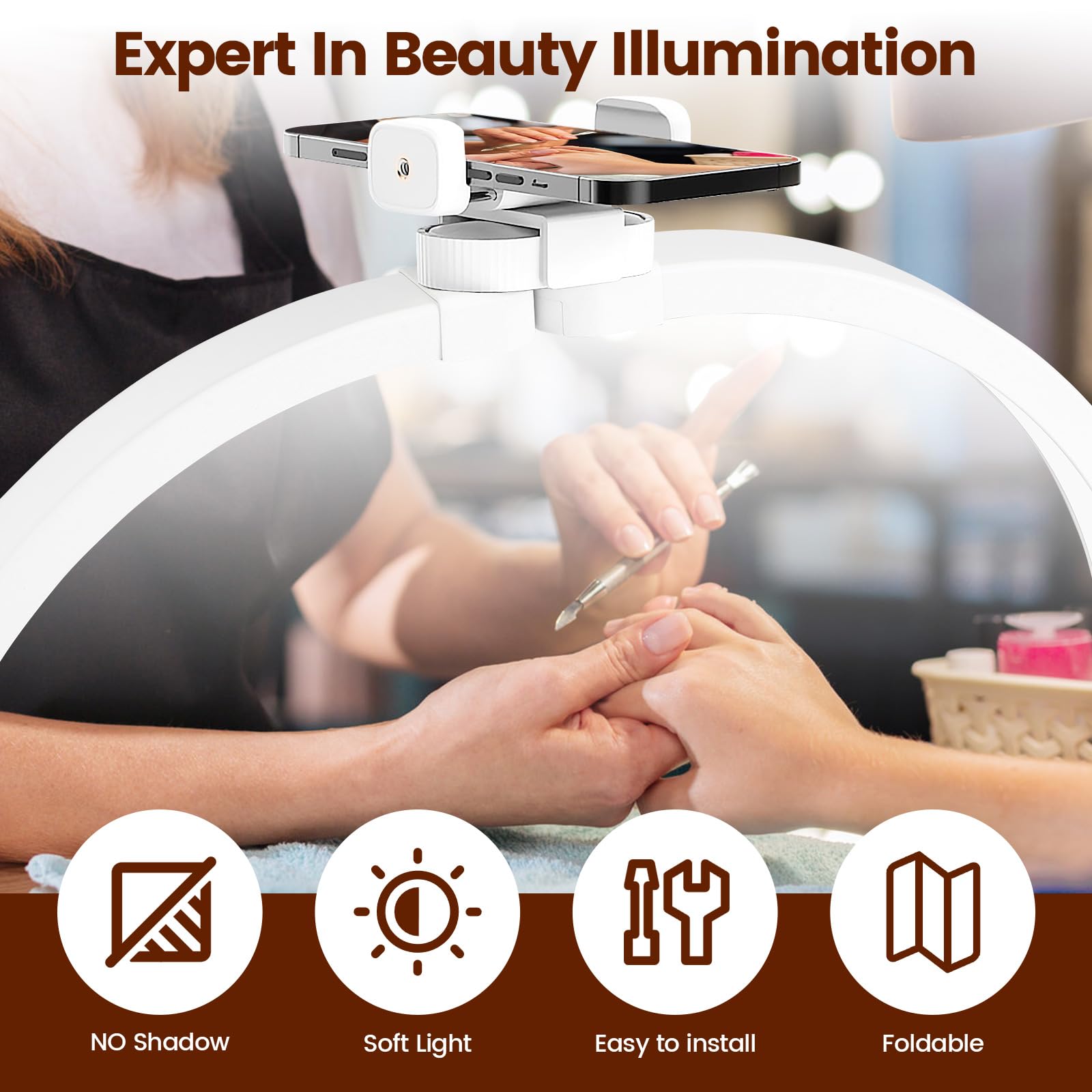 DOYFAY Half Moon Lamp,Foldable Nail Desk Lamp with Phone Holder,LED Nail Light for Desk,Desk Lamp with 3 Color Modes 10 Brightness for Lash Eyelash Extension,Nail,Tattoo,Eyebrow (Half Moon) - Image 3