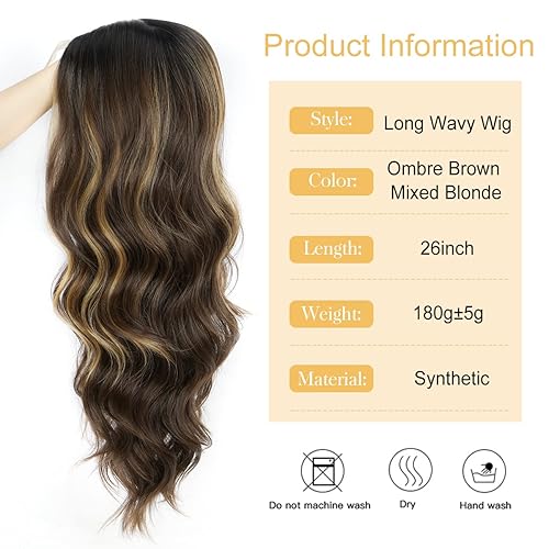 Miniatura 3 de Halcyon Peluca marrón con flequillo para mujer, peluca ondulada de 24 pulgadas, peluca sintética con flequillo, aspecto natural, resistente al