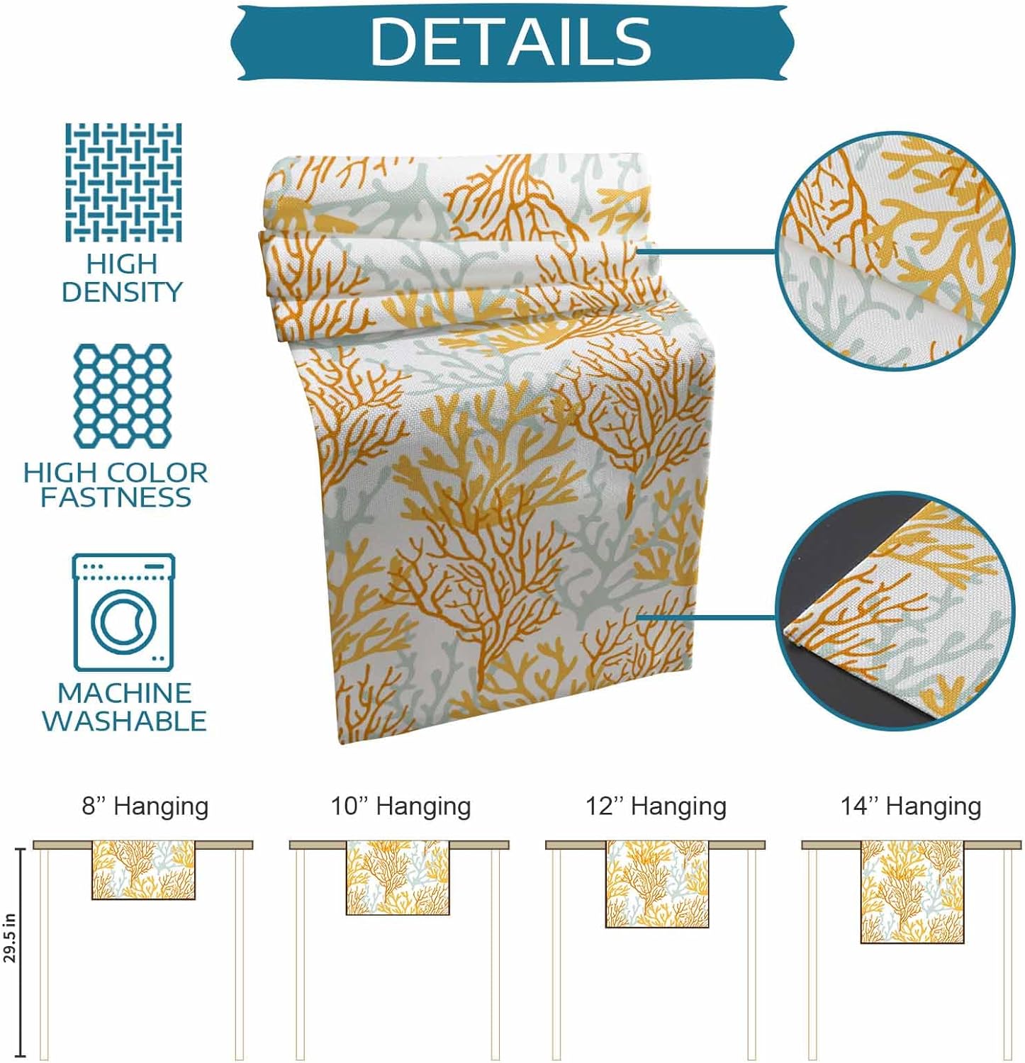 Orange Gray Coral Coastal Cotton Linen Rectangle Table Runners 18"x72", Summer Beach Seaside Nautical Coffee Table Runner Dresser Scarves Luxury Table Runners for Wedding Party Banquet Dinner Decor