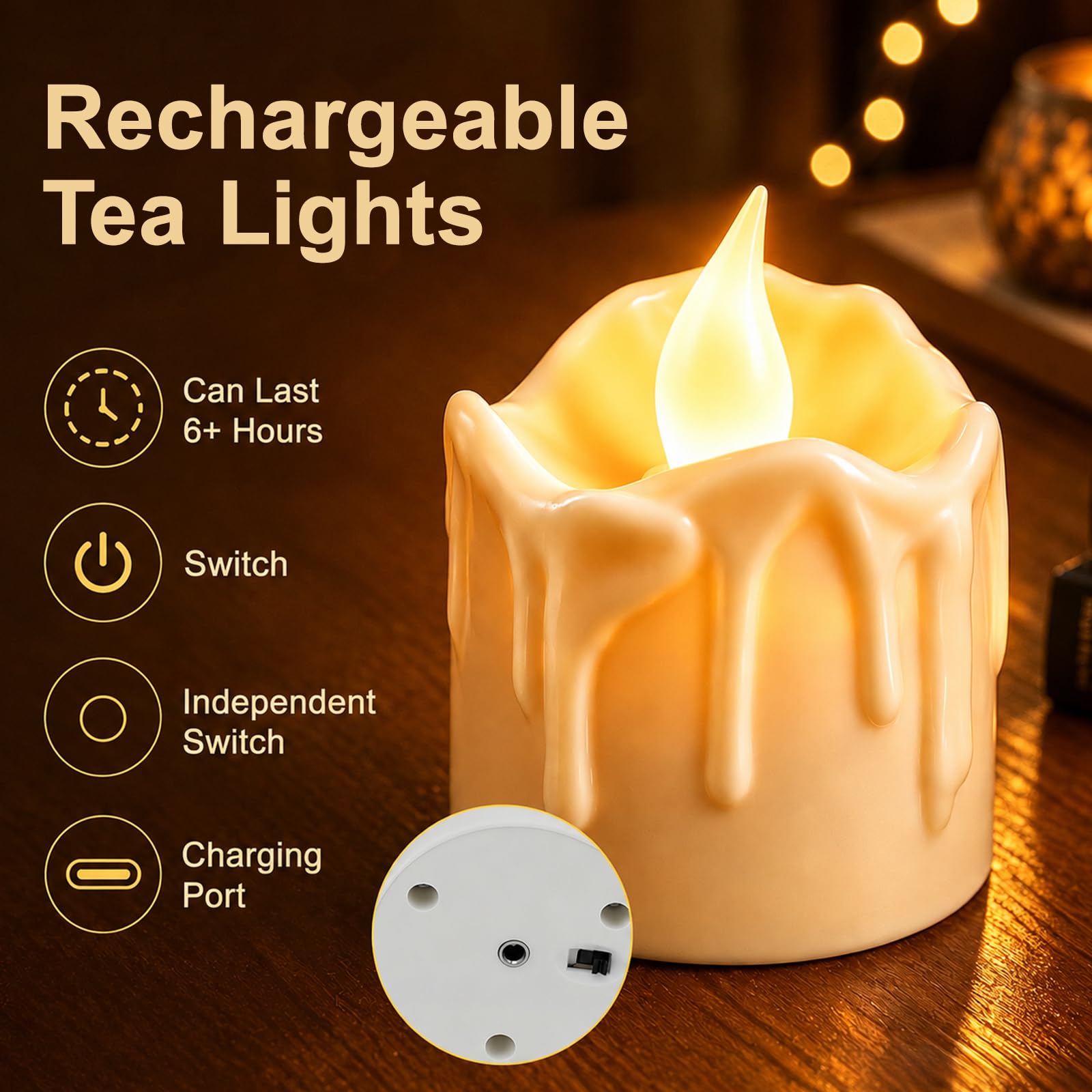 12 Stück Wiederaufladbare Teelichter Flackernd mit Fernbedienung und Timerfunktion, LED Kerzen mit Ladestation für Party Zimmer Wohnzimmer Halloween Weihnachten Deko