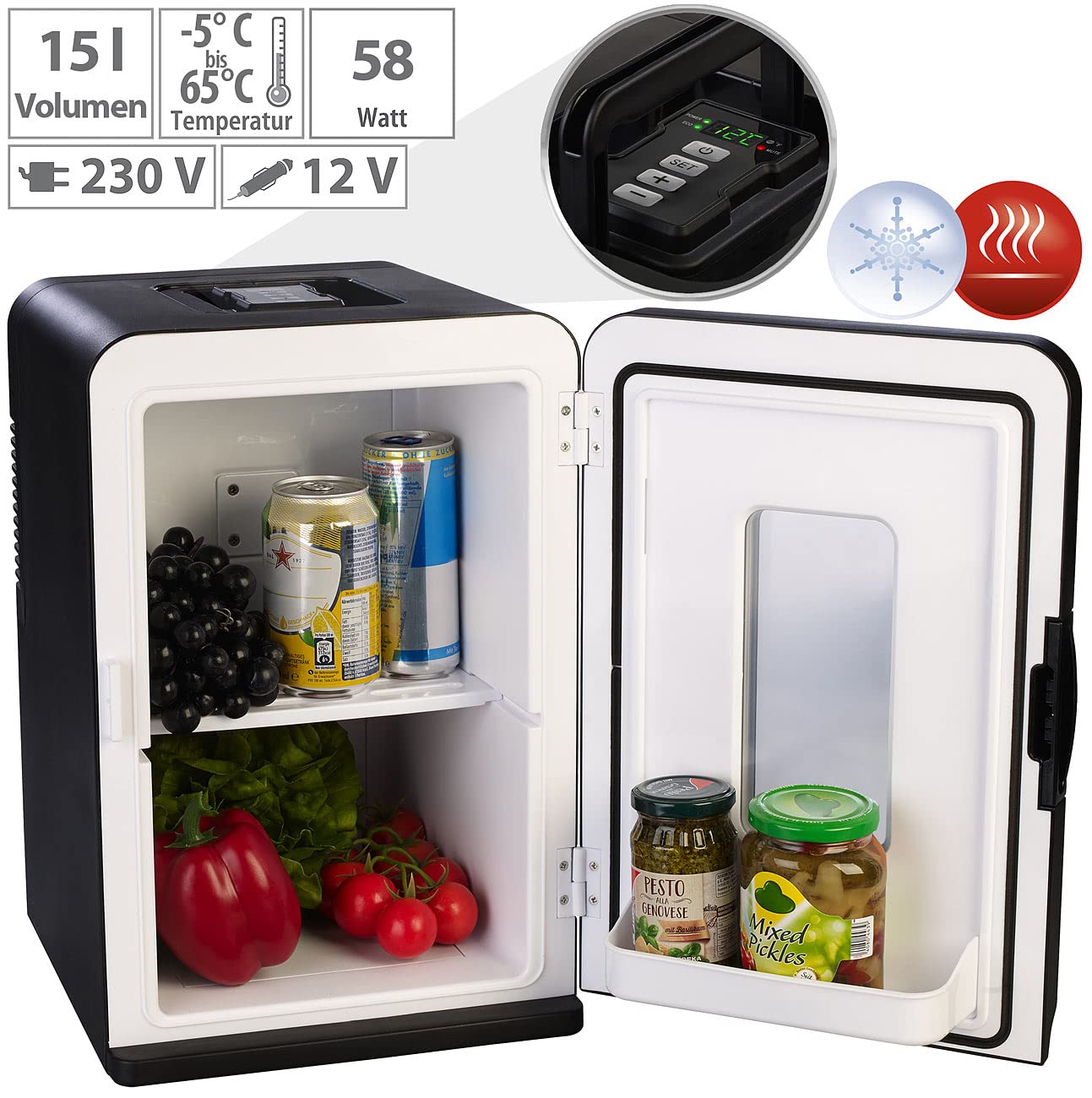 Sichler Haushaltsgeräte Przenośna mini lodówka 14 l z funkcją grzania/chłodzenia, wyświetlacz temperatury, czarna, 12 V / 230 V